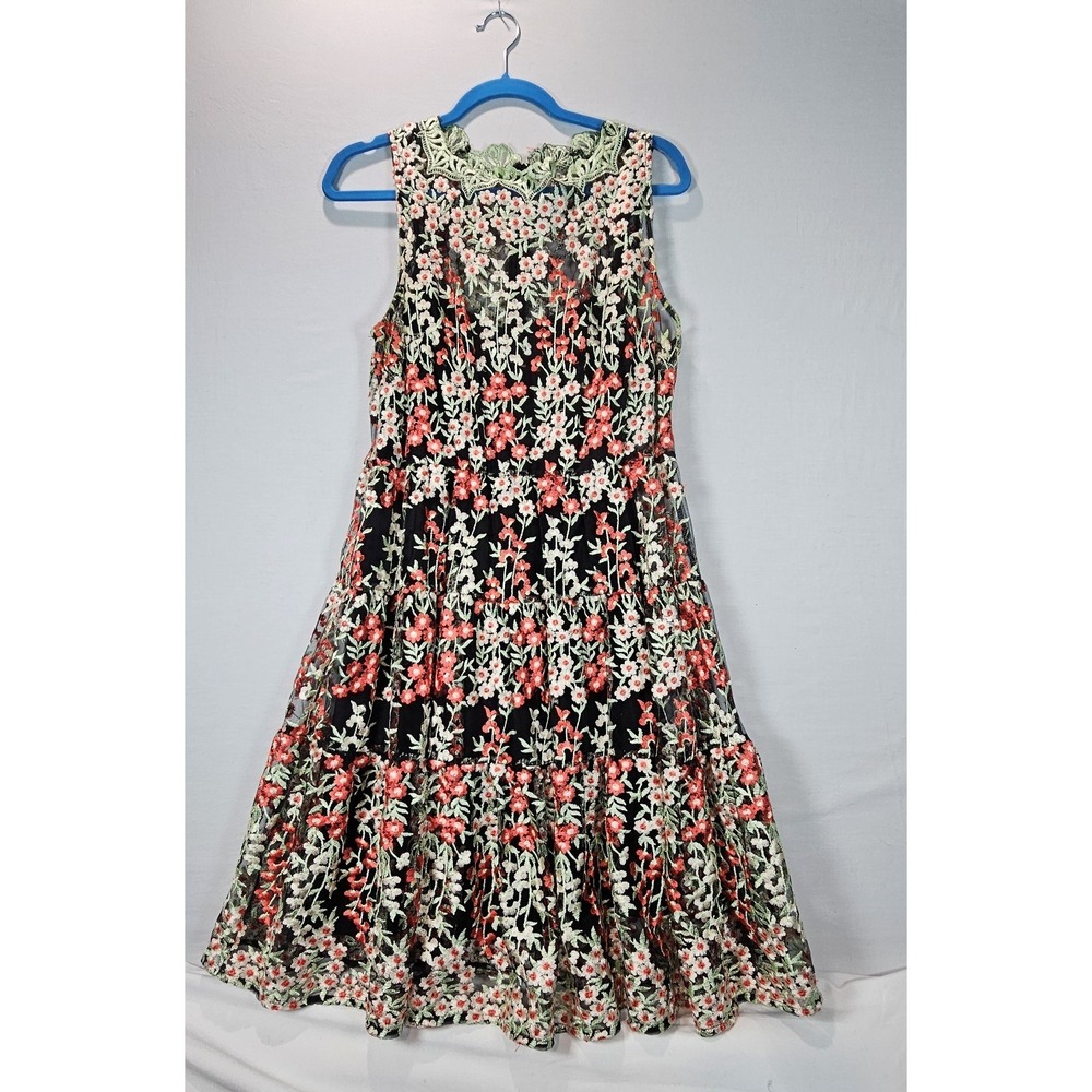 Anthropologie HD in Paris Embroidered Emilia Dress Floral Mesh Midi US 12